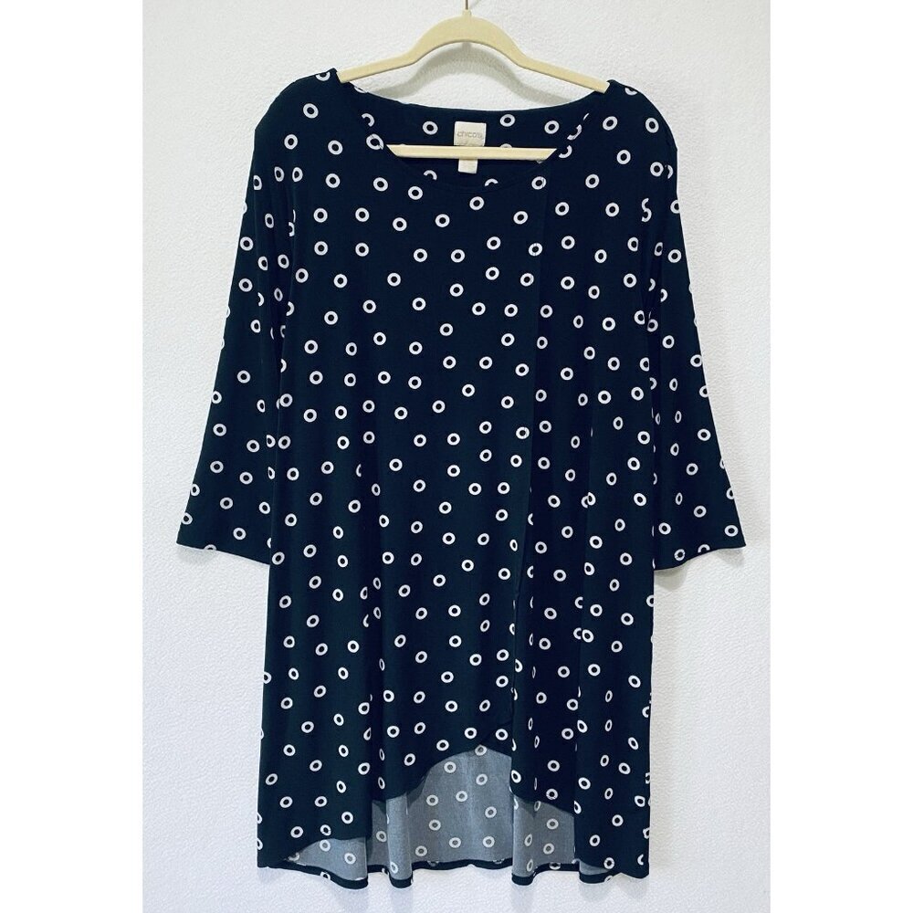 Chicos Top Womens XL Black White Grommet Dot Print Asymmetrical High Low Tunic